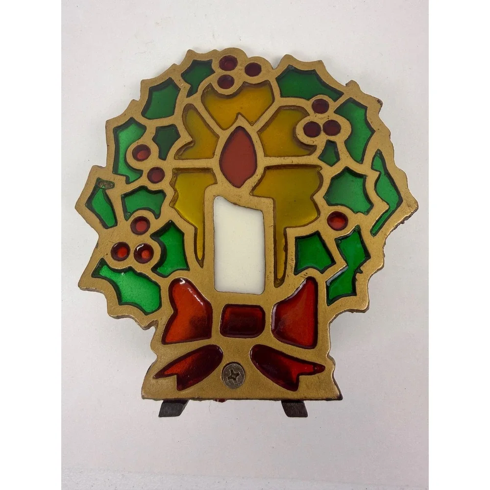 Vintage Christmas Wreath Stained Glass Style Cast Metal Votive Candle Holder